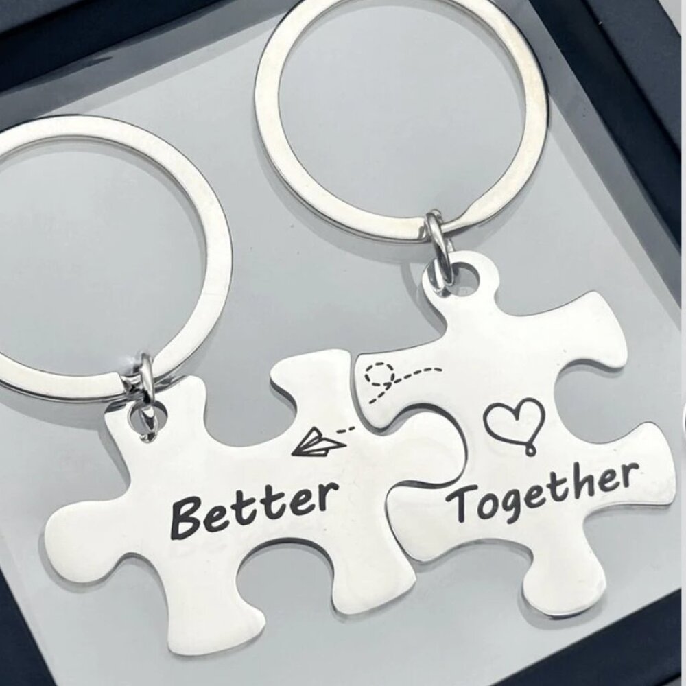 Better Together Puzzle Piece Keychain Set - Matching Silver Couples Keyrings